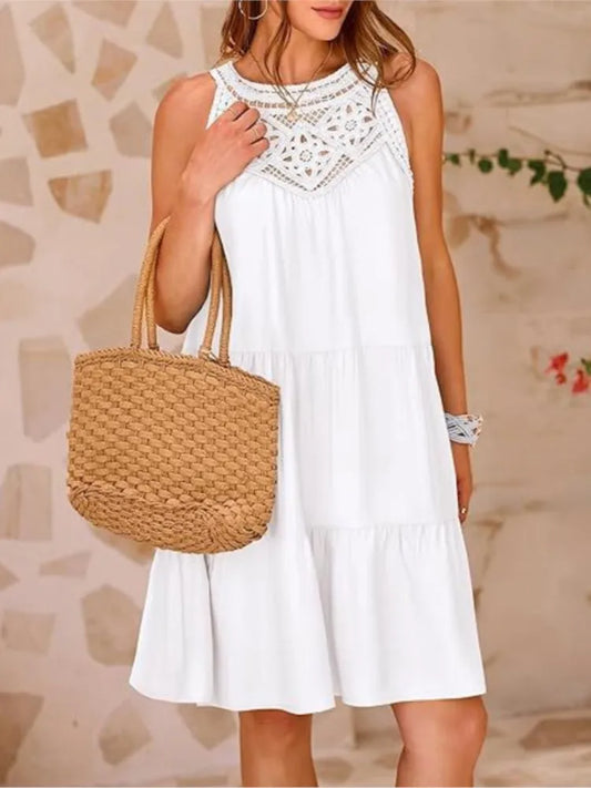 Boho Mini dresses - Crochet Lace Neckline Sleeveless Tent Mini Dress