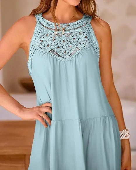 Boho Mini dresses - Crochet Lace Neckline Sleeveless Tent Mini Dress