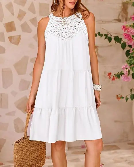 Boho Mini dresses - Crochet Lace Neckline Sleeveless Tent Mini Dress