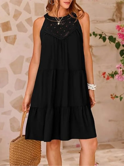 Boho Mini dresses - Crochet Lace Neckline Sleeveless Tent Mini Dress