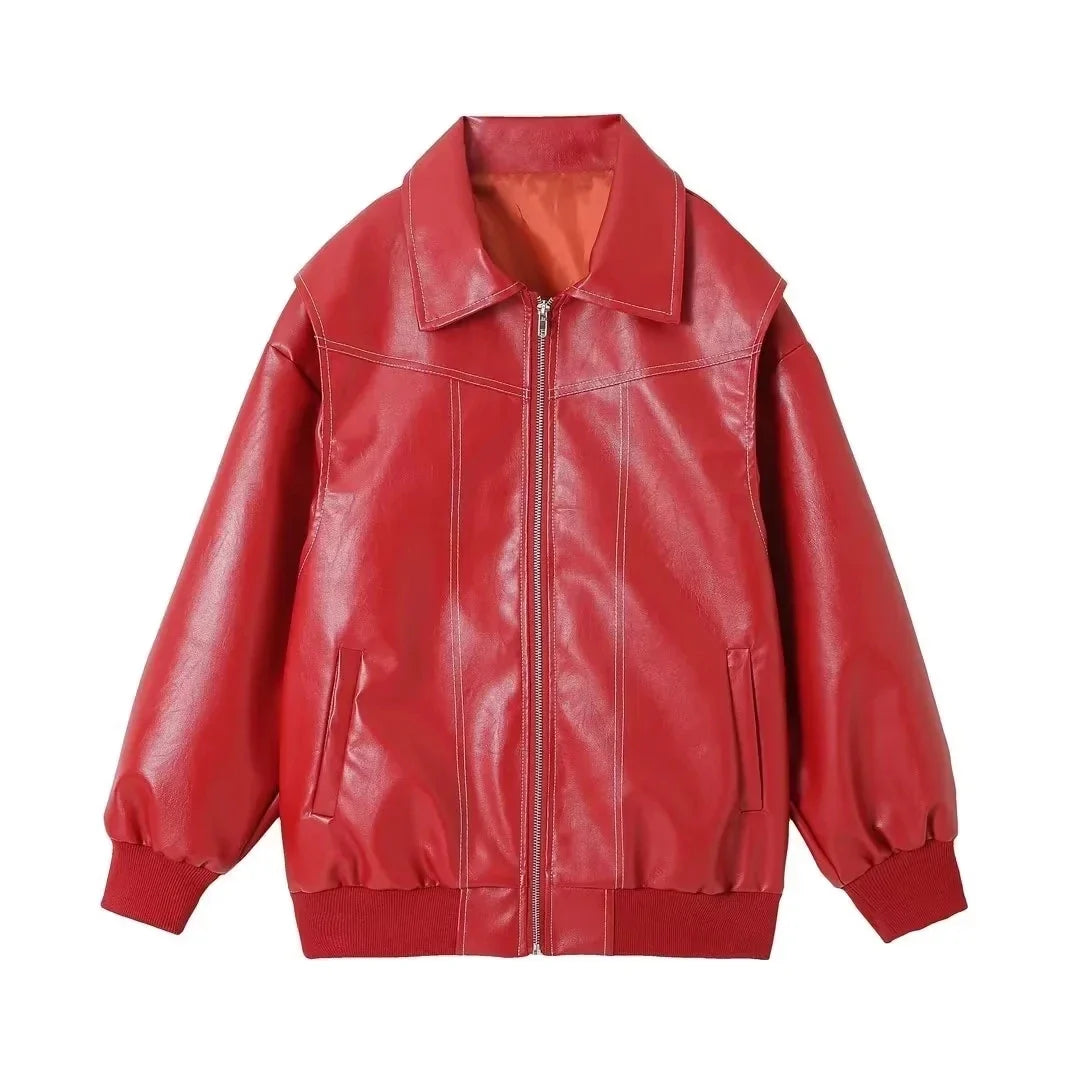 Bomber Jackets- Red Faux Leather Bomber Jacket for Women- Red- Chuzko Women Clothing