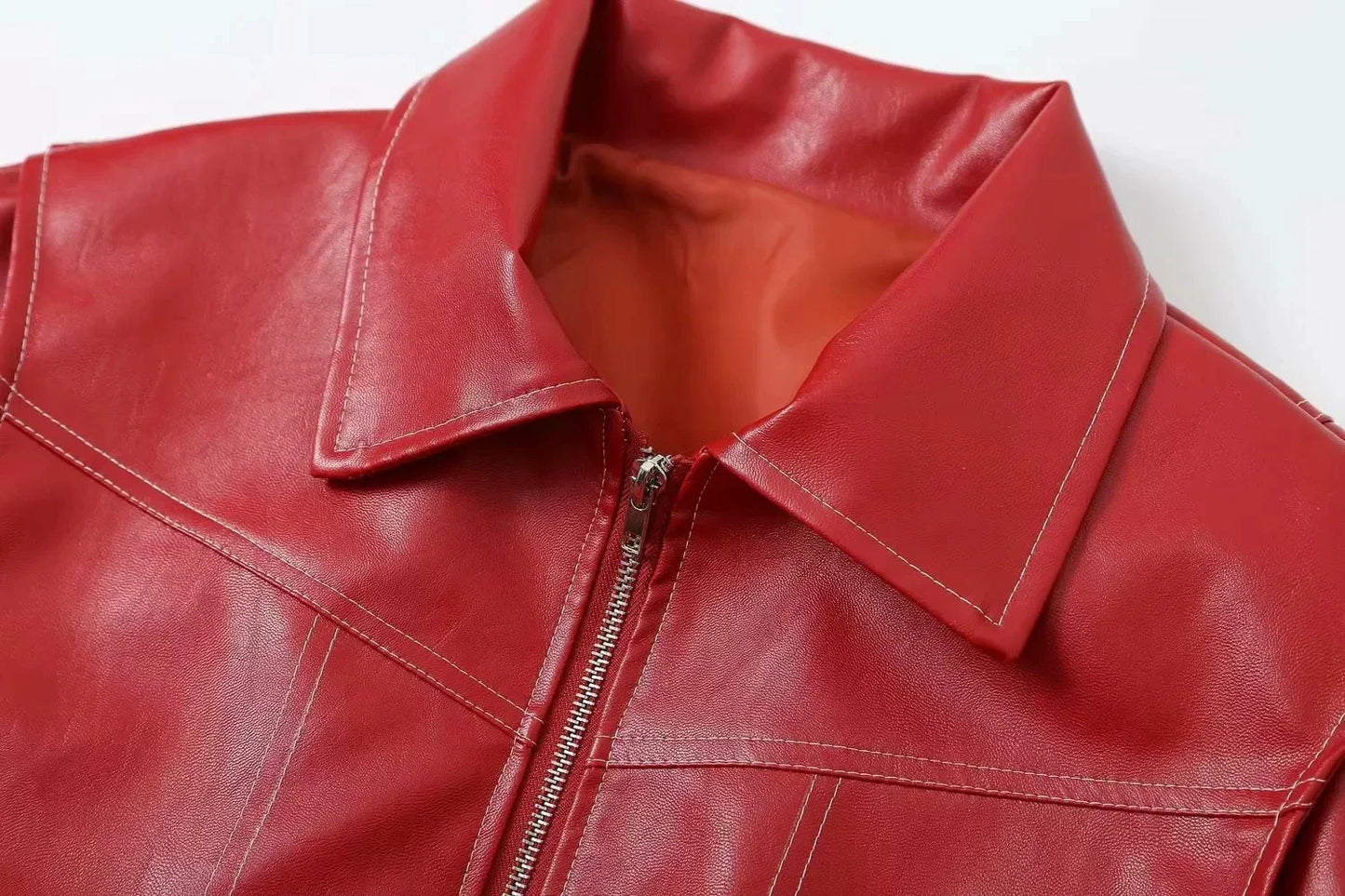 Bomber Jackets- Red Faux Leather Bomber Jacket for Women- - Chuzko Women Clothing