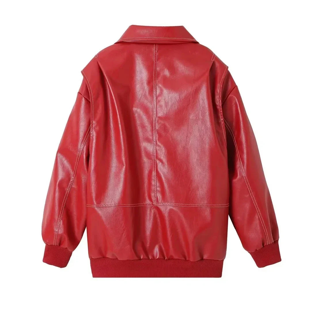 Bomber Jackets- Red Faux Leather Bomber Jacket for Women- - Chuzko Women Clothing