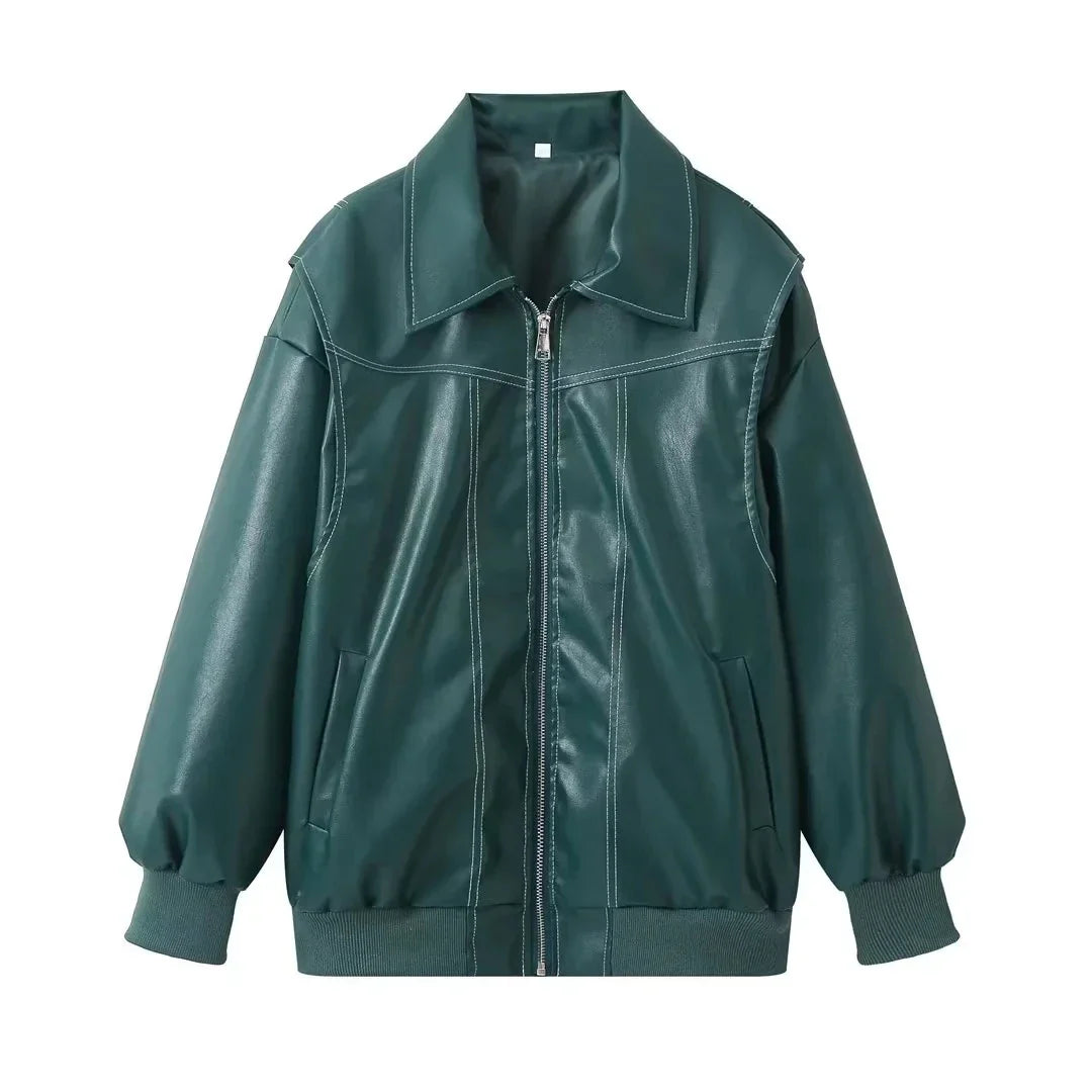 Bomber Jackets- Red Faux Leather Bomber Jacket for Women- green- Chuzko Women Clothing