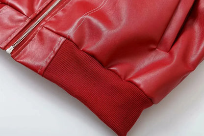 Bomber Jackets- Red Faux Leather Bomber Jacket for Women- - Chuzko Women Clothing