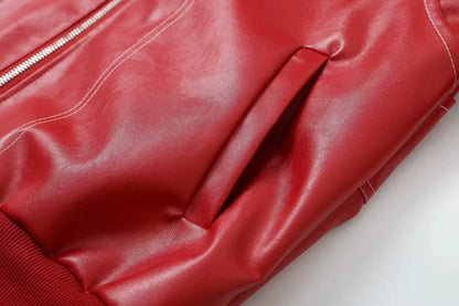 Bomber Jackets- Red Faux Leather Bomber Jacket for Women- - Chuzko Women Clothing