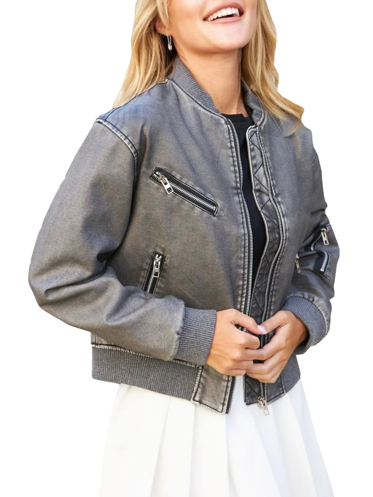 Bomber Jackets- Women Aviator Faux Leather Bomber Jacket- - Chuzko Women Clothing