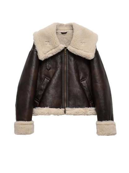 Bomber Jackets- Women Shearling-Lined Bomber - Cozy Faux Leather Jacket- Beige- Chuzko Women Clothing