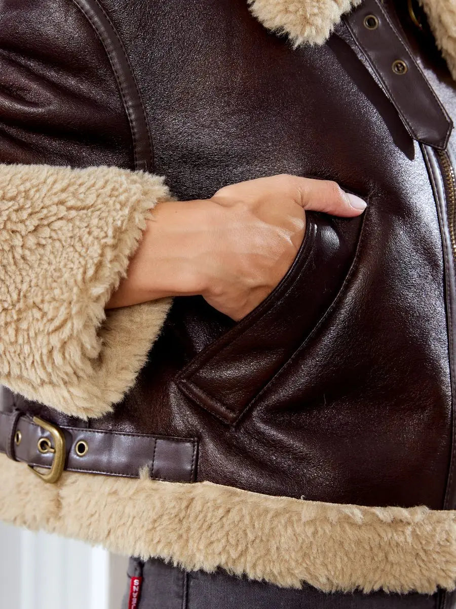 Bomber Jackets- Women Shearling-Lined Bomber - Cozy Faux Leather Jacket- - Chuzko Women Clothing