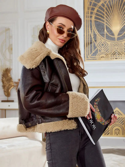 Bomber Jackets- Women Shearling-Lined Bomber - Cozy Faux Leather Jacket- - Chuzko Women Clothing