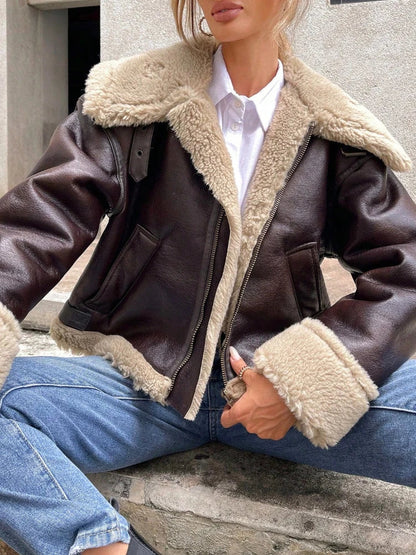 Women Shearling-Lined Bomber - Cozy Faux Leather Jacket