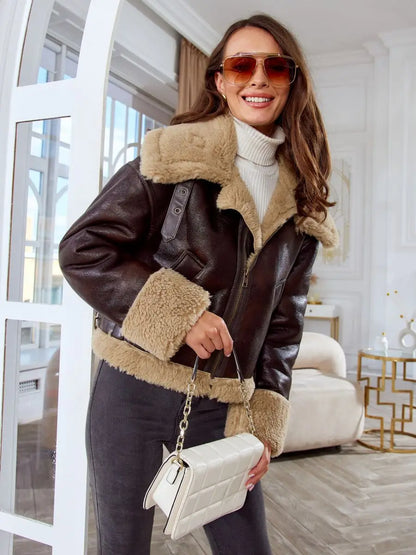 Bomber Jackets- Women Shearling-Lined Bomber - Cozy Faux Leather Jacket- - Chuzko Women Clothing