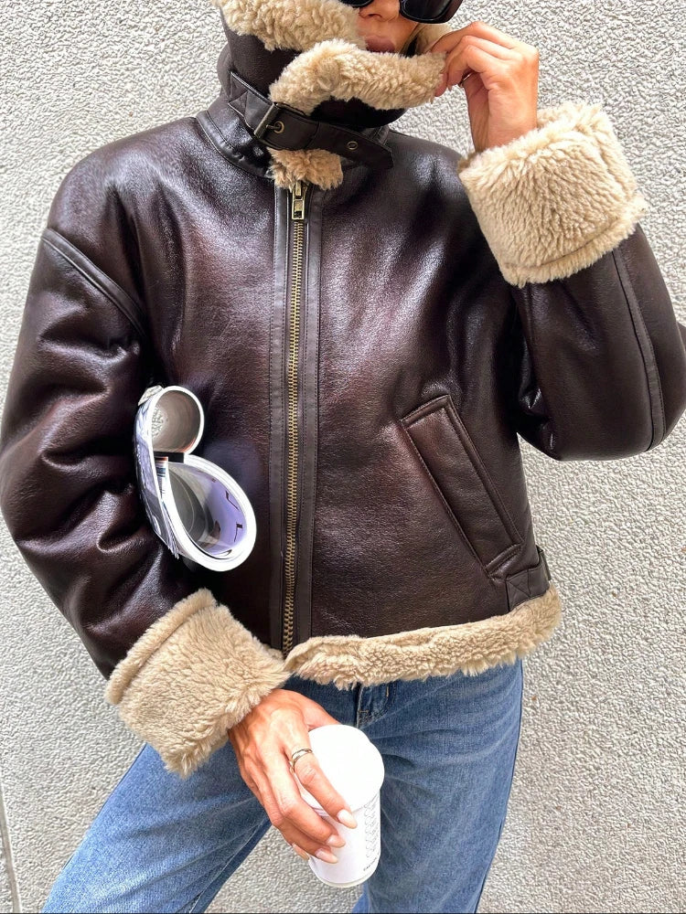 Women Shearling-Lined Bomber - Cozy Faux Leather Jacket