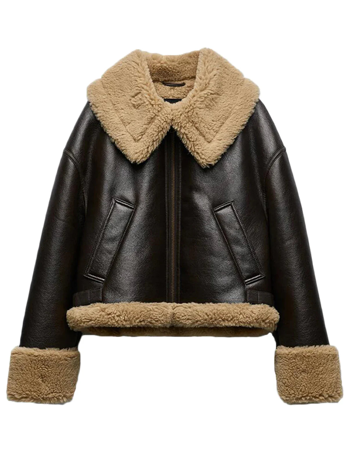 Bomber Jackets- Women Shearling-Lined Bomber - Cozy Faux Leather Jacket- Brown- Chuzko Women Clothing