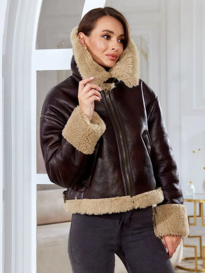 Bomber Jackets- Women Shearling-Lined Bomber - Cozy Faux Leather Jacket- - Chuzko Women Clothing