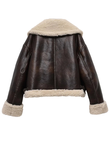 Bomber Jackets- Women Shearling-Lined Bomber - Cozy Faux Leather Jacket- - Chuzko Women Clothing