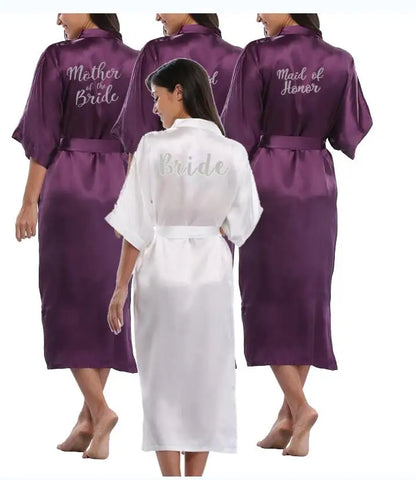 Bridal Shower Party - Royal Purple & White Satin Bridal Party Robes Set