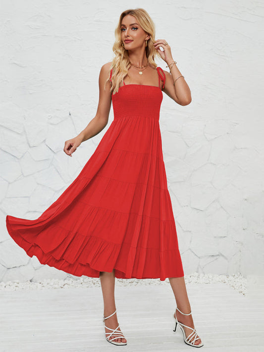 Cami Dresses- Boho Solid Women's Tie-Shoulder Smocked Bodice Midi Dress- Red- Pekosa Women Fashion