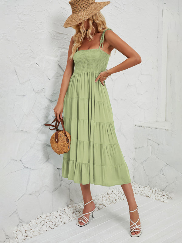 Cami Dresses- Boho Solid Women's Tie-Shoulder Smocked Bodice Midi Dress- Grass green- Pekosa Women Fashion