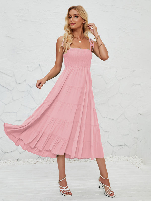 Cami Dresses- Boho Solid Women's Tie-Shoulder Smocked Bodice Midi Dress- Pink- Pekosa Women Fashion