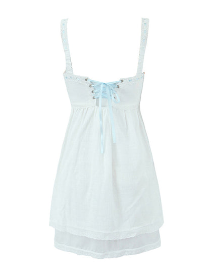 Cami Dresses- Cotton Romantic Empire Dress with Contrast Lace-Up Ribbon Back- - Pekosa Women Fashion