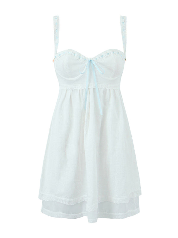 Cami Dresses- Cotton Romantic Empire Dress with Contrast Lace-Up Ribbon Back- White- Pekosa Women Fashion