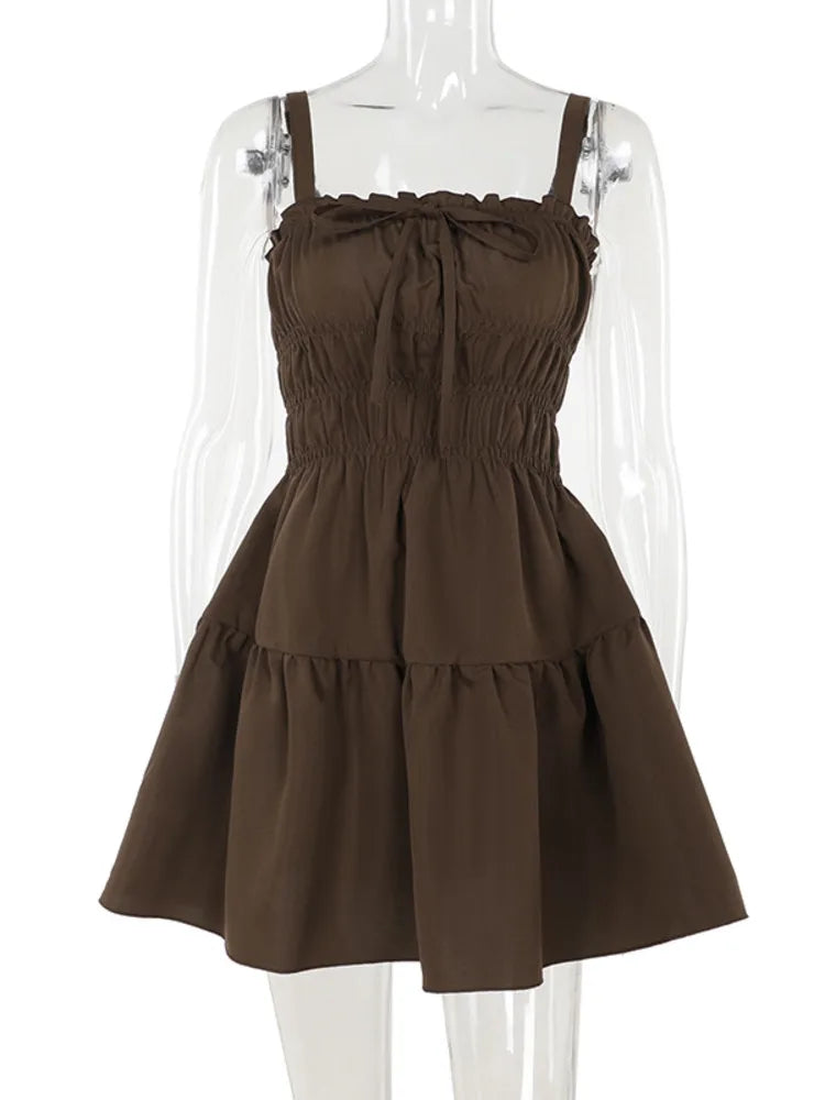 Cami Dresses- Minimalist A-Line Mini Dress with Ruched Waist and Cami Style- Brown- Pekosa Women Fashion