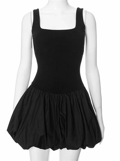 Einfarbiges Fit &amp; Flare-Puff-Minikleid mit quadratischem Ausschnitt für Damen