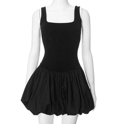 Einfarbiges Fit &amp; Flare-Puff-Minikleid mit quadratischem Ausschnitt für Damen