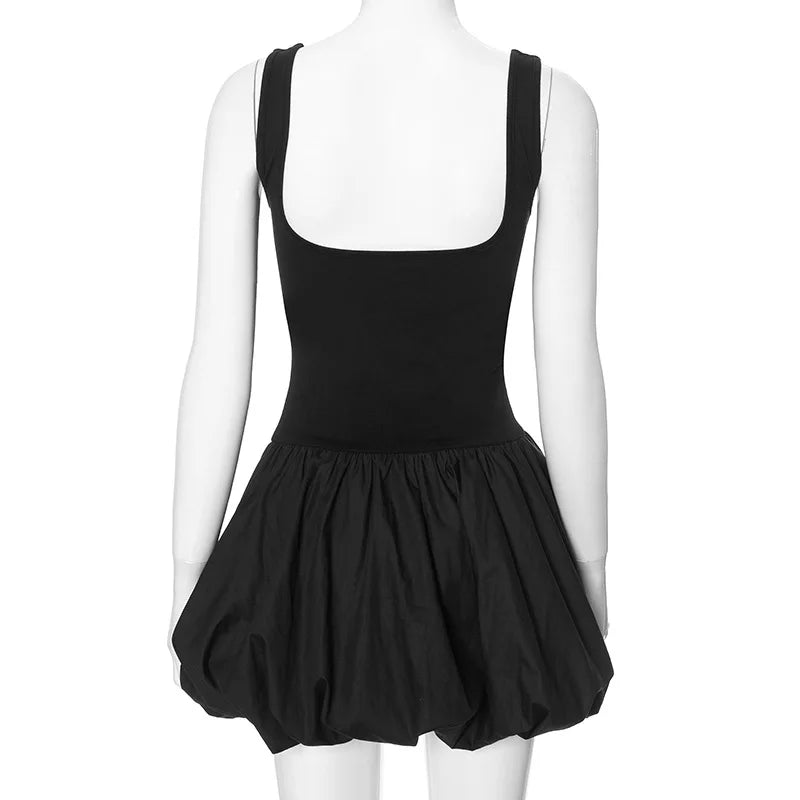 Solid Square Neck Fit & Flare Puff Mini Dress for Women