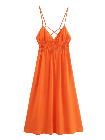 Cami Dresses- Ruched Waist Solid Cami Dress for Summer- Orange- Pekosa Women Fashion