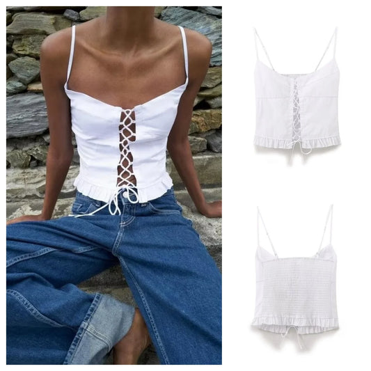 Cami Tops - White Lace-Up Casual Top - Perfect for Summer