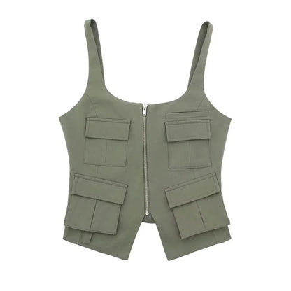 Cami Tops - Multi-Pocket Zip-Up Camo Cami Military-Inspired Top