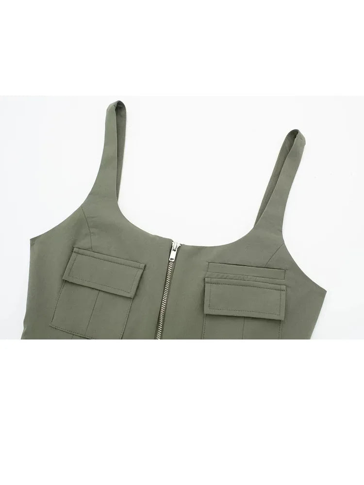 Cami Tops - Multi-Pocket Zip-Up Camo Cami Military-Inspired Top