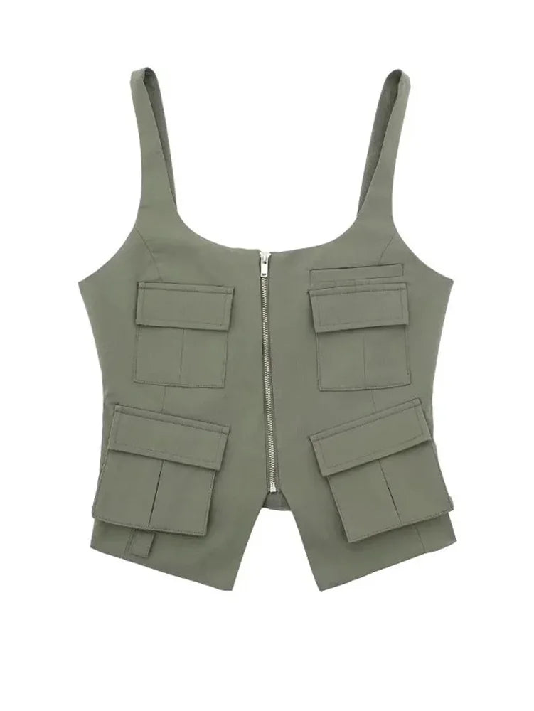 Cami Tops - Multi-Pocket Zip-Up Camo Cami Military-Inspired Top