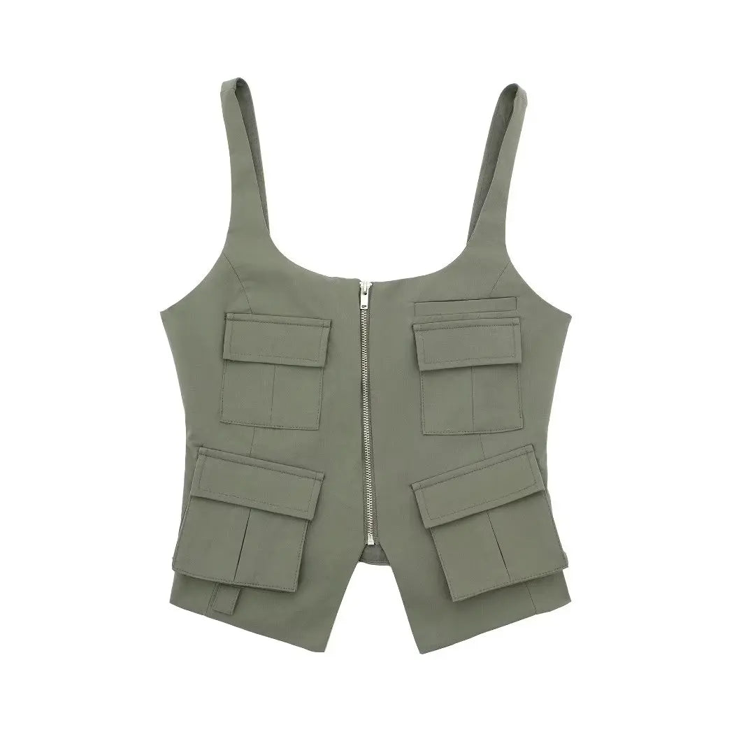 Cami Tops - Multi-Pocket Zip-Up Camo Cami Military-Inspired Top