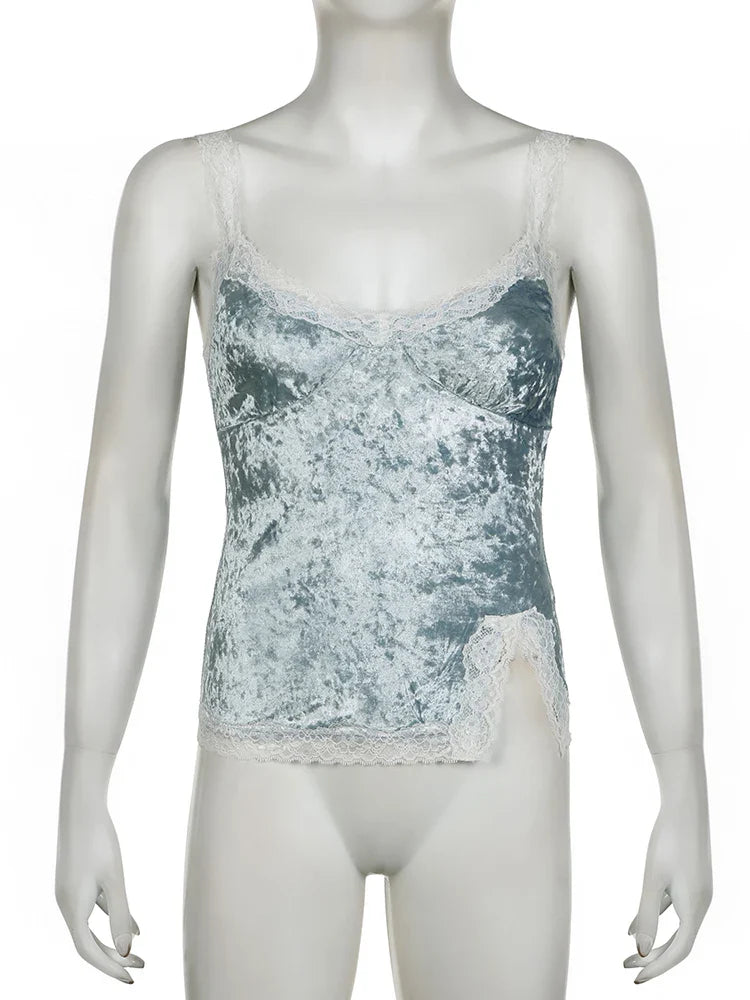 Velvet Cami with Lace Straps - Women's Velour Top