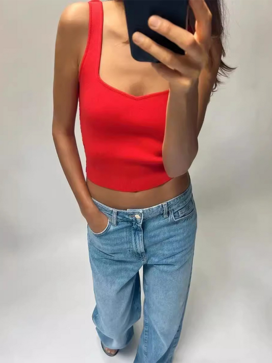 Cami Tops- Women Knitting Crop Tank Top- Red- Pekosa Women Fashion