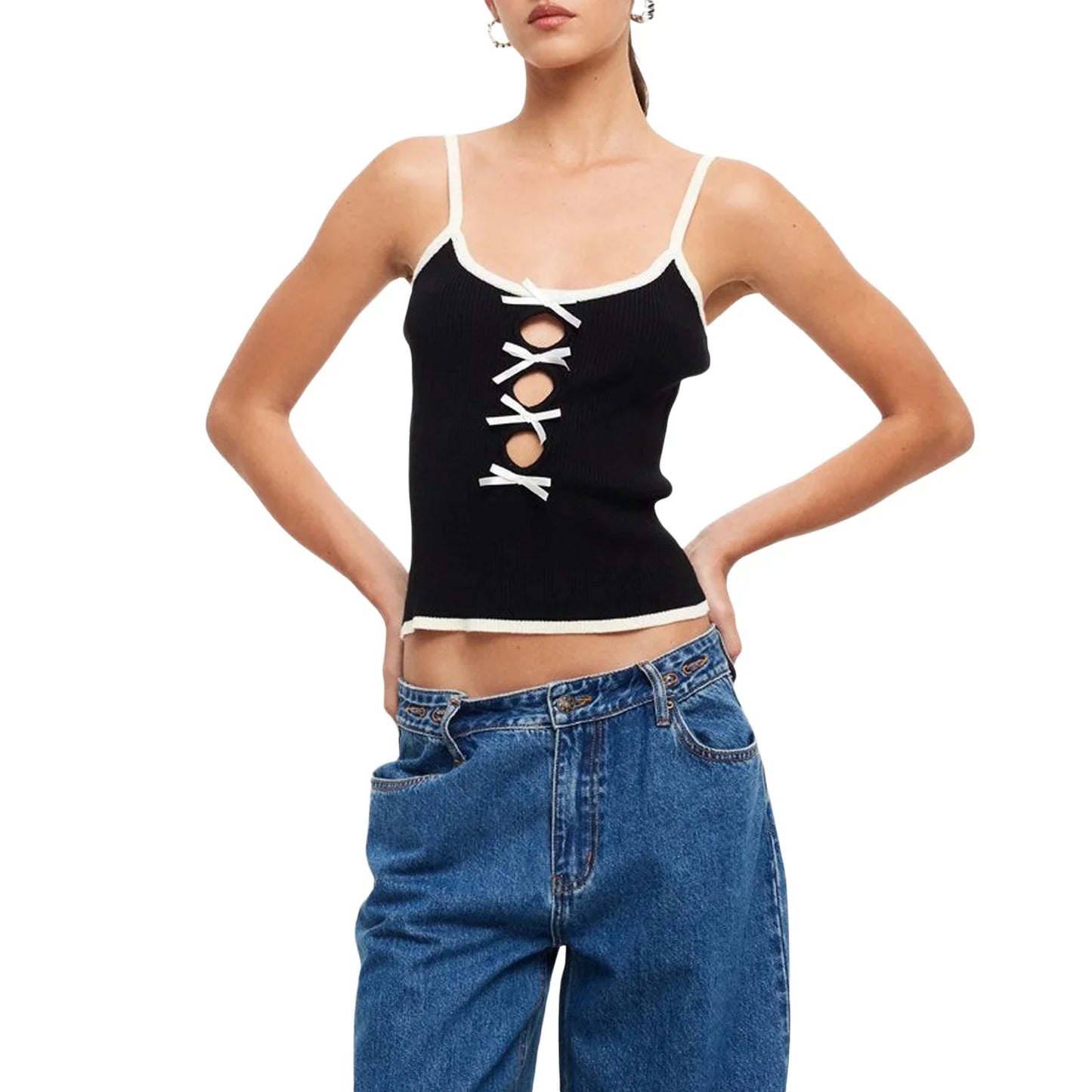 Cami Tops- Women Lace-Up Crop Top in Contrast Knitting- Black- Chuzko Women Clothing