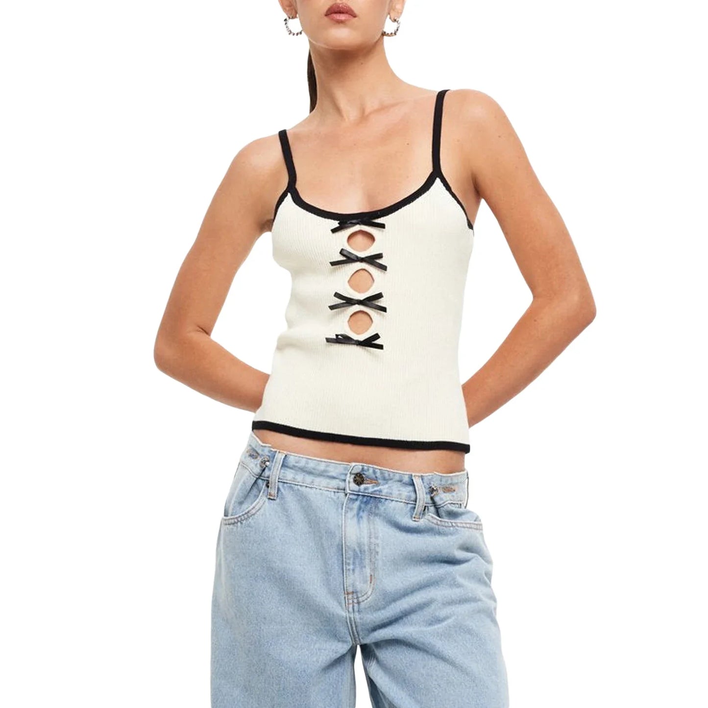 Cami Tops- Women Lace-Up Crop Top in Contrast Knitting- White- Chuzko Women Clothing