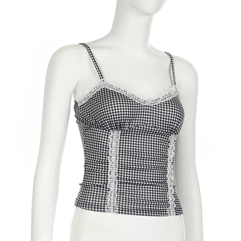 Cami Tops- Women Sleeveless Plaid Top - Gingham Lace Accents Cami- - Chuzko Women Clothing