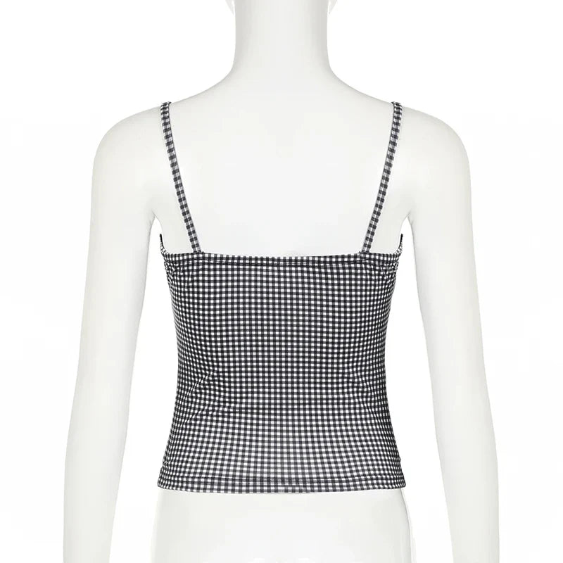 Cami Tops- Women Sleeveless Plaid Top - Gingham Lace Accents Cami- - Chuzko Women Clothing