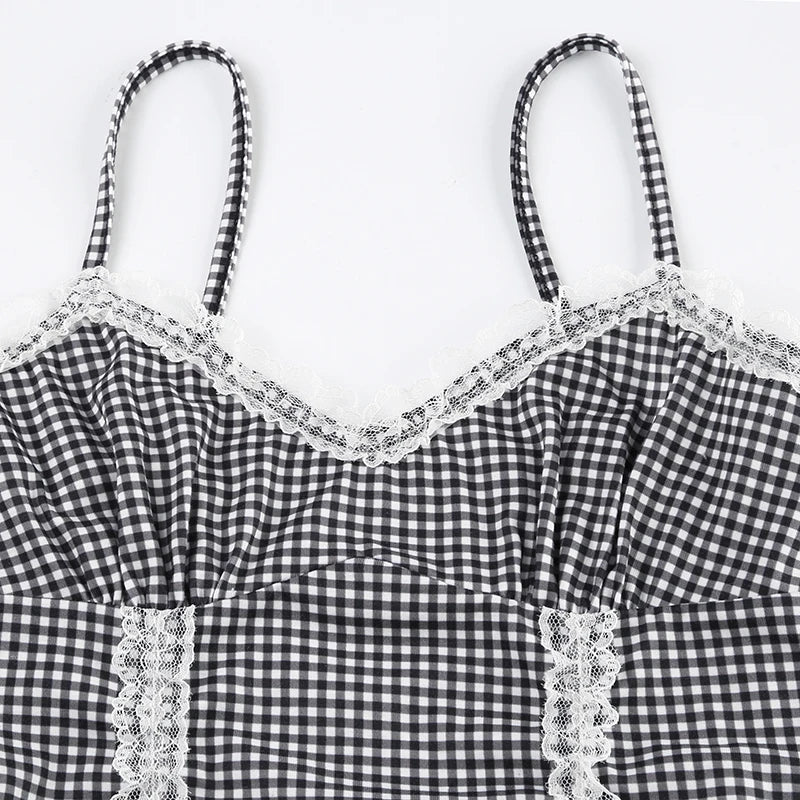 Cami Tops- Women Sleeveless Plaid Top - Gingham Lace Accents Cami- - Chuzko Women Clothing