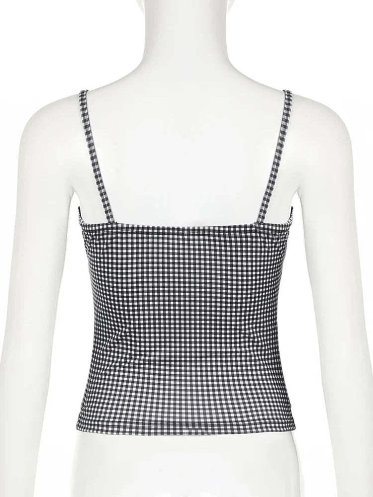 Cami Tops- Women Sleeveless Plaid Top - Gingham Lace Accents Cami- - Chuzko Women Clothing