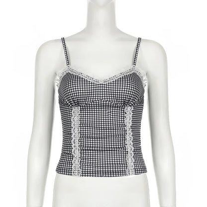 Cami Tops- Women Sleeveless Plaid Top - Gingham Lace Accents Cami- - Chuzko Women Clothing