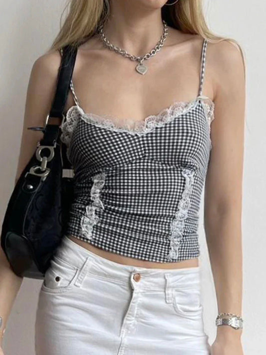 Cami Tops- Women Sleeveless Plaid Top - Gingham Lace Accents Cami- - Chuzko Women Clothing