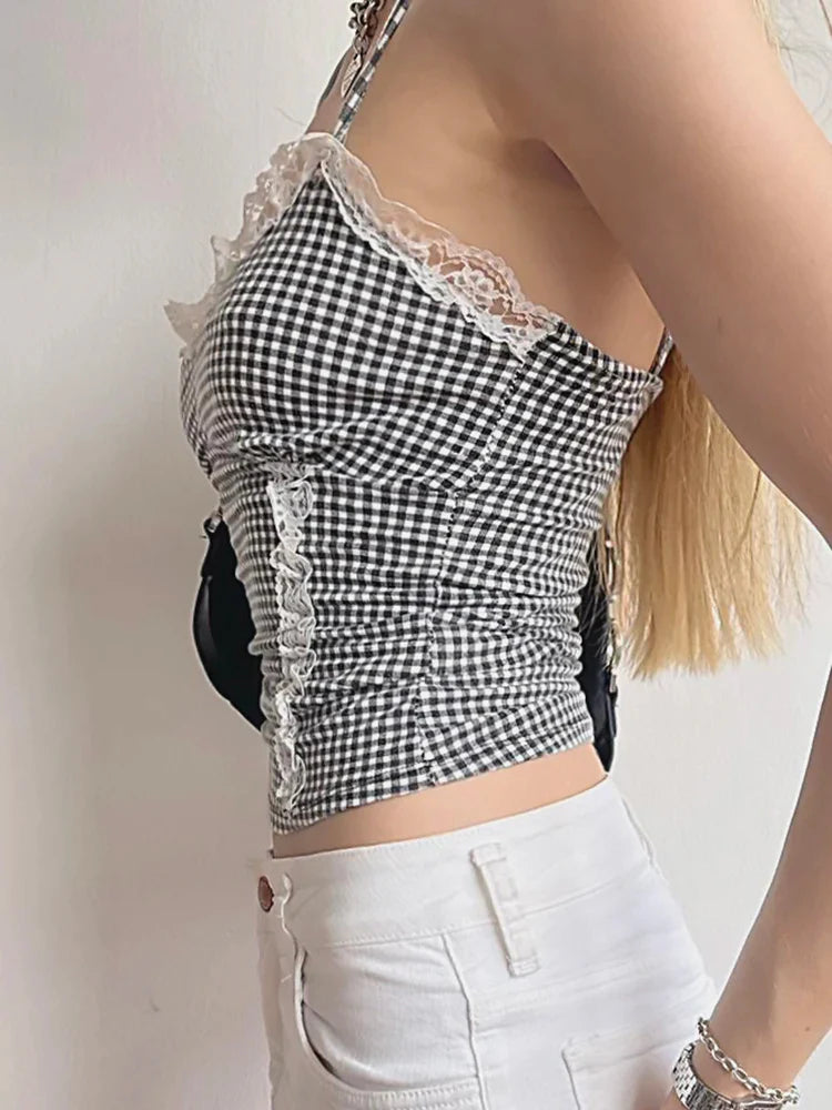 Cami Tops- Women Sleeveless Plaid Top - Gingham Lace Accents Cami- - Chuzko Women Clothing