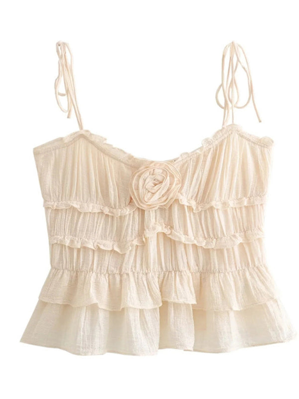 Ruffle Frill Cami Top with Floral Appliqué & Tie-Shoulder