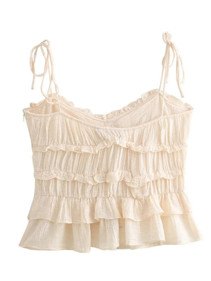 Ruffle Frill Cami Top with Floral Appliqué & Tie-Shoulder