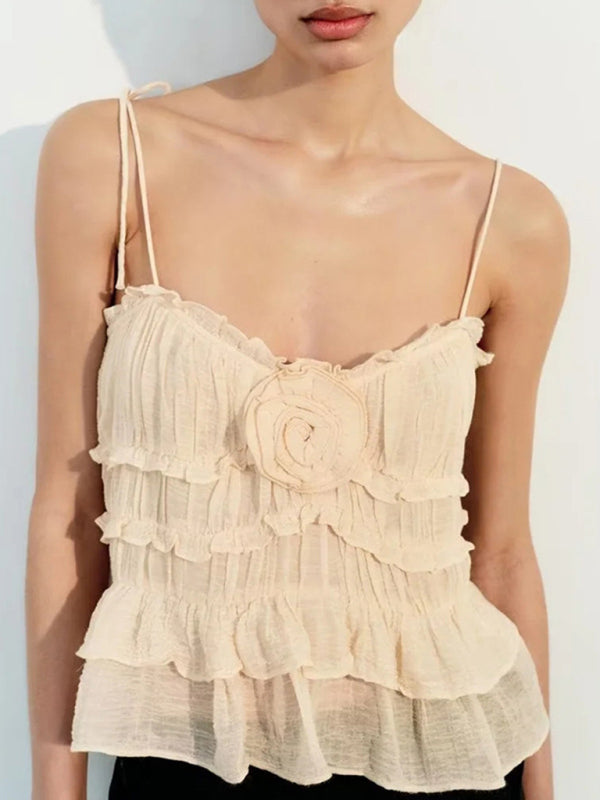 Ruffle Frill Cami Top with Floral Appliqué & Tie-Shoulder